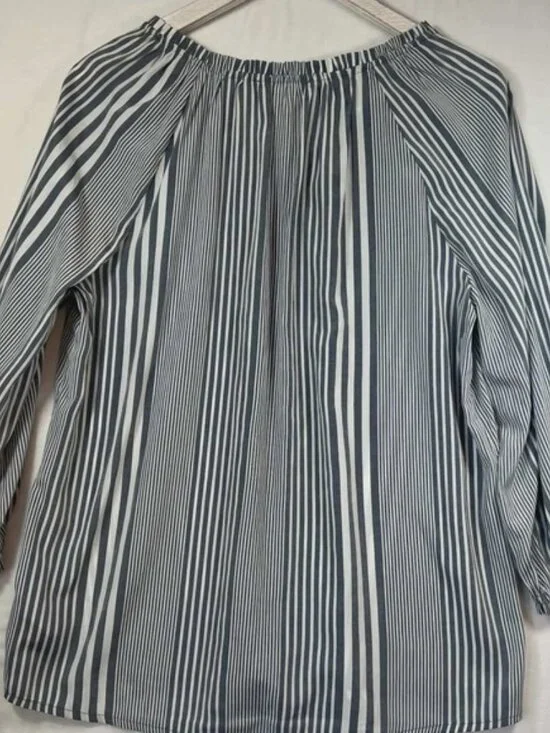 Como Blu Navy White Striped Tie Neck Peasant Blouse Top Womens Medium M - Picture 2 of 5